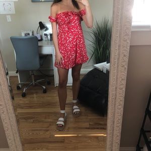 Off the shoulder red mini dress